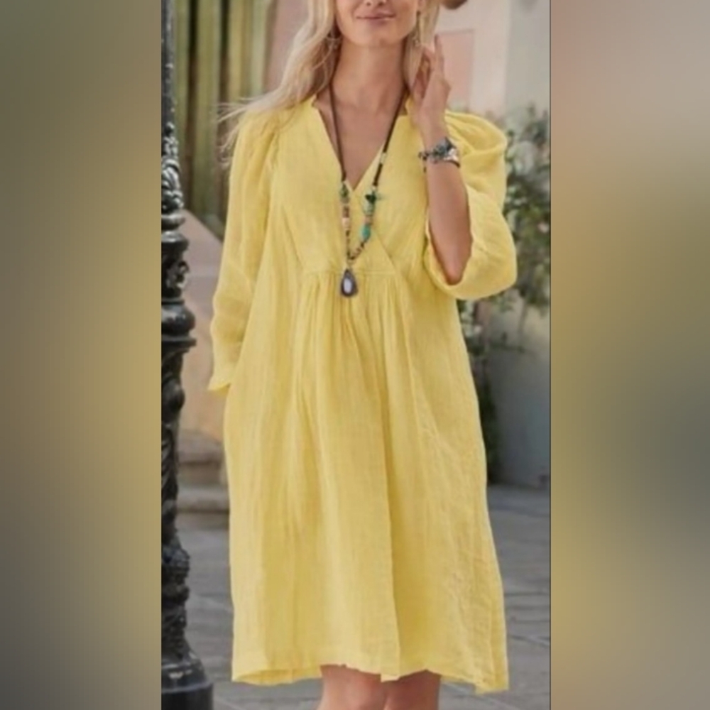 Sundance La Belle Lune Linen Yellow Dress Boho Preppy Babydoll Lagenlook Elegant